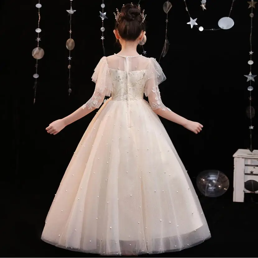 White Lace Girls Wedding Dress Beads Tulle Flower Girl Party Princess Birthday Dress Kids Long Dress Prom Formal Communion Gown