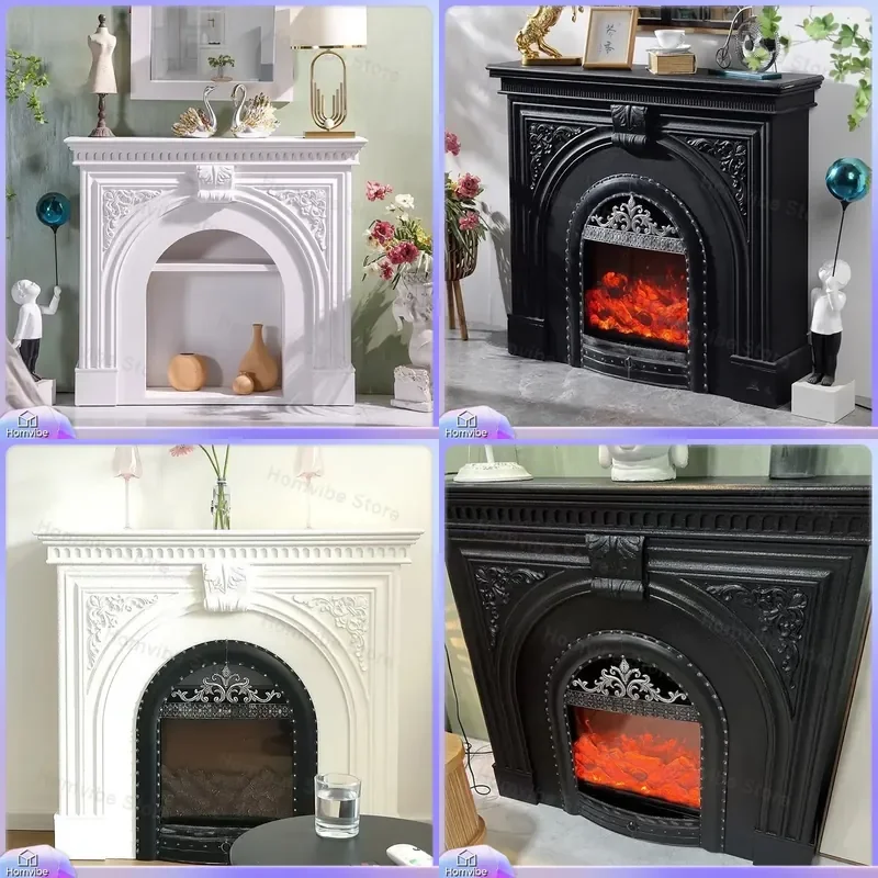for French Style Electronic Simulation Fireplace Cabinet Retro Carved Mantel Decor for Villa Entrance American Living Room