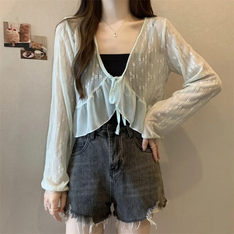 Cardigans Women Ruffles Sweet Elegant V-neck Lace Patchwork Sun Protection Long Sleeve Thin See Through Korean Fashion Summer