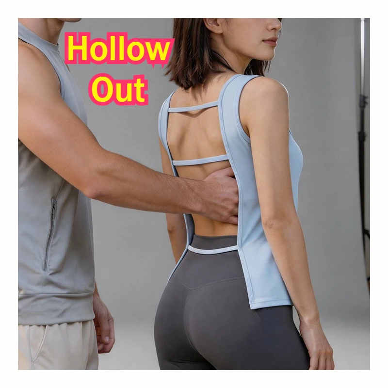 Women Backless Hollow Out Sleeveless T-Shirts Outdoor Revealing Clothing Couple Field Play Tank Tops Sunbathing Casual Beachwear