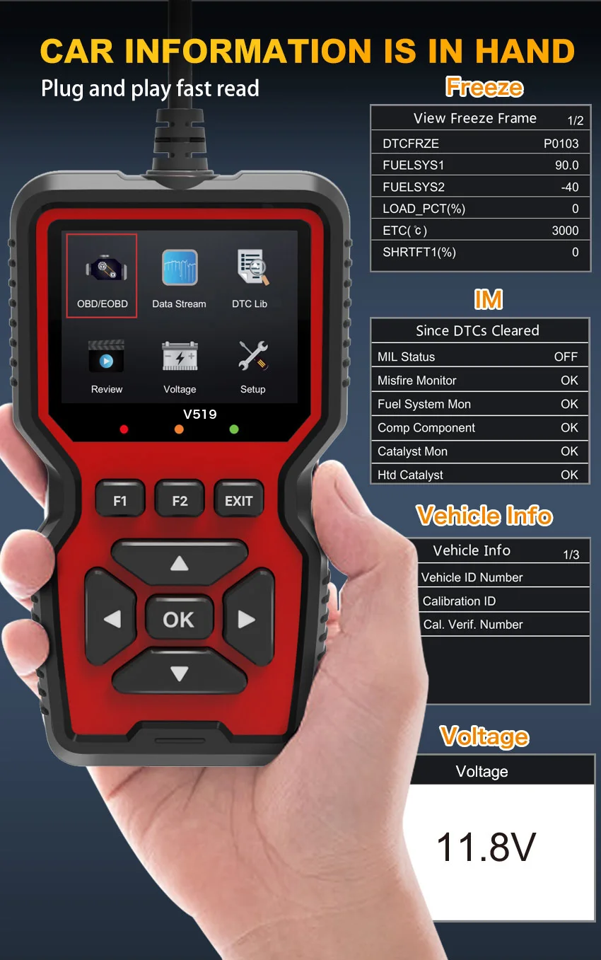 1 PC V519 Automotive Fault Diagnosis Instrument Engine Fault Reading Fault Code Query Playback Function Testing Tools