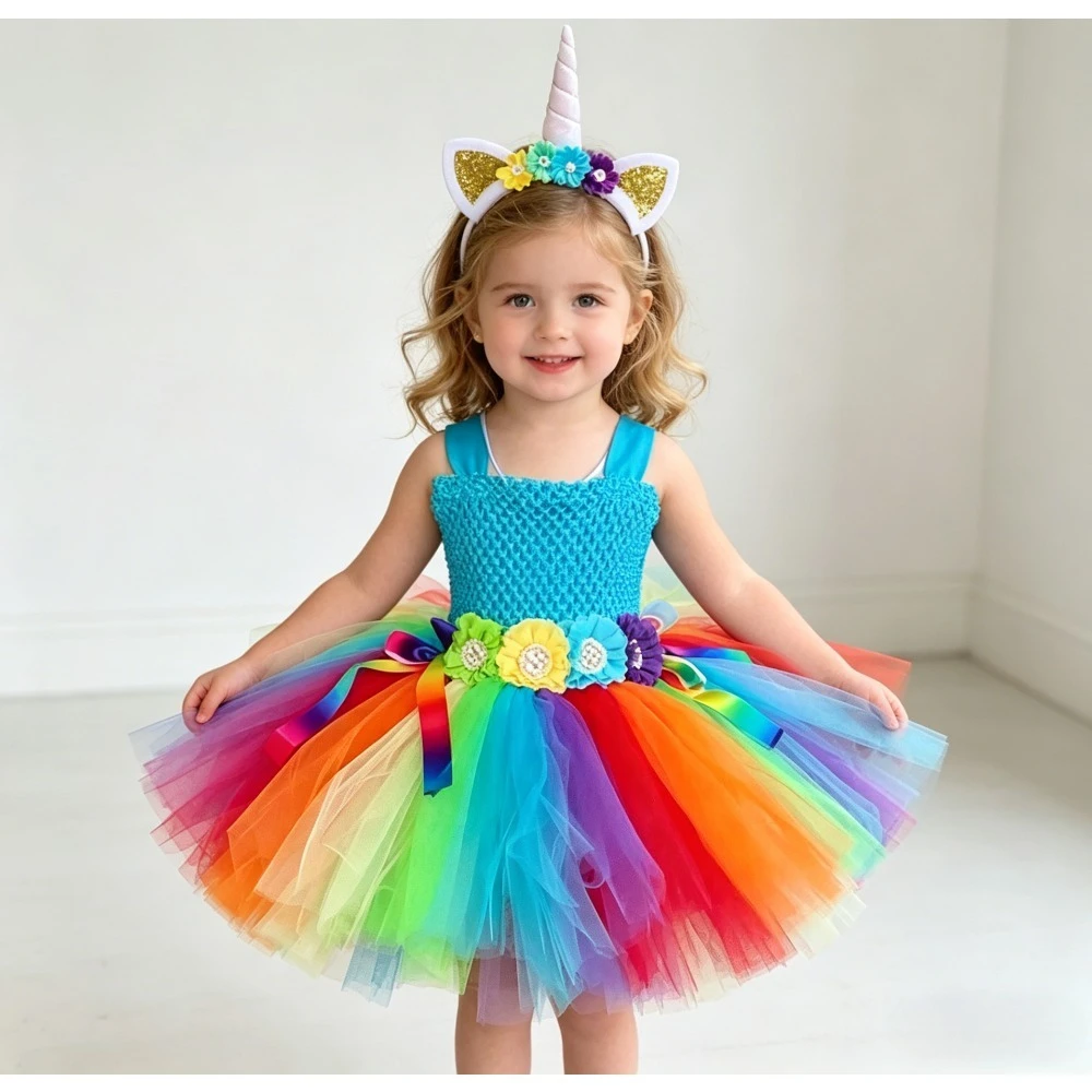 Girls Rainbow Unicorn Tutu Dress with Wings Fairy Princess Costume Kids Carnival Party Elf Outfit with Flowers Butterfly