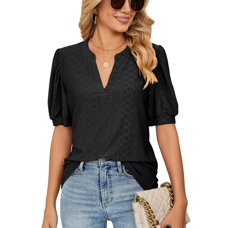 

2023 Spring and Summer Women's Casual V-neck Solid Color Hollow Bubble Sleeve Loose T-shirt Top