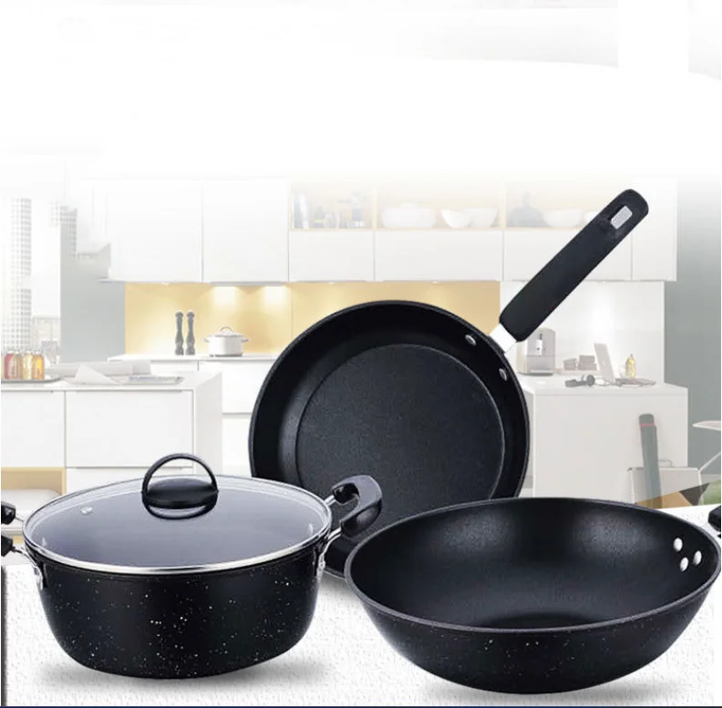 

New Maifanshi three piece set non stick pan kitchen combination stir fry pan set cookware household frying pan soup pot