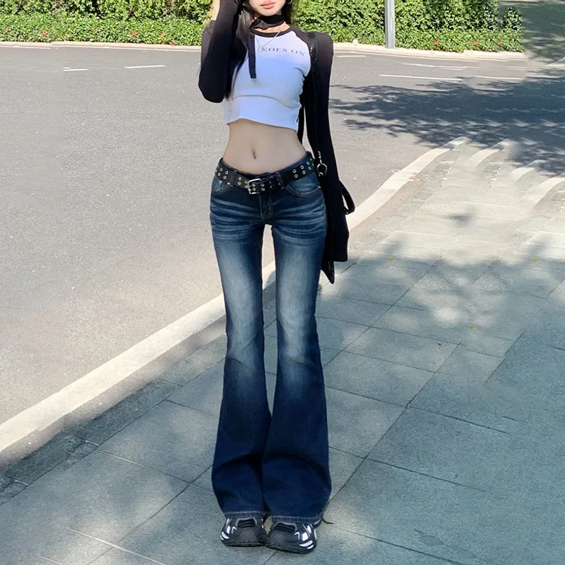 Women Low Waist Leg Bell-bottoms Jeans Spring Autumn Fashion Retro Washed Fashion Loose Fit Comfortable Slimming Casual Style