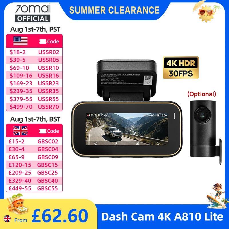 70mai A810 4K HDR Dash Cam with GPS, Wi-Fi 6 and Voice Control