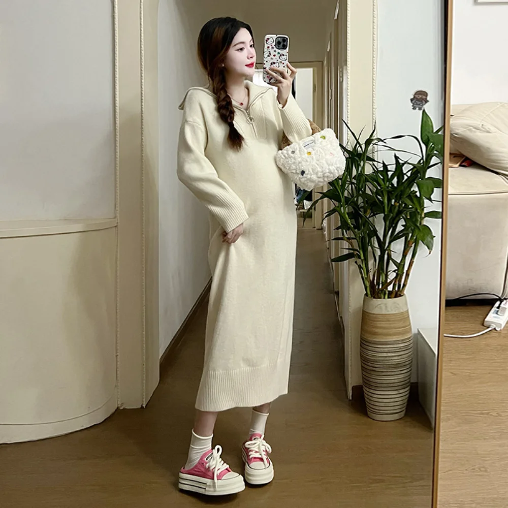 Korean Style Autumn Maternity Dress Knitting Long Sleeve Loose Pullovers Pregnant Woman clothing pregnancy dress Sweater