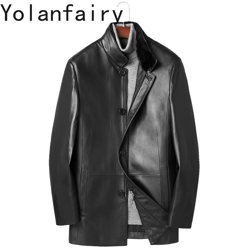 YOLANFAIRY Genuine Sheepskin Real Leather Jacket Men Winter Rabbit Fur Liner Coat Mink Fur Collar Mid-length Down Jackets Abrigo