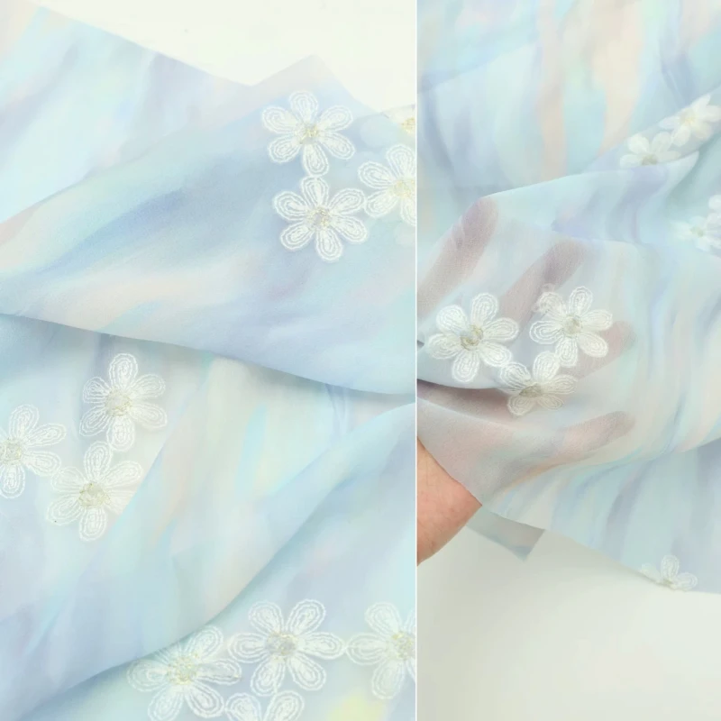 Chiffon Fabric Blue Purple Vertical Wavy Water Ripple Embroidery Sheer Drapey Lightweight for Dress Hanfu Qipao DIY Sewing