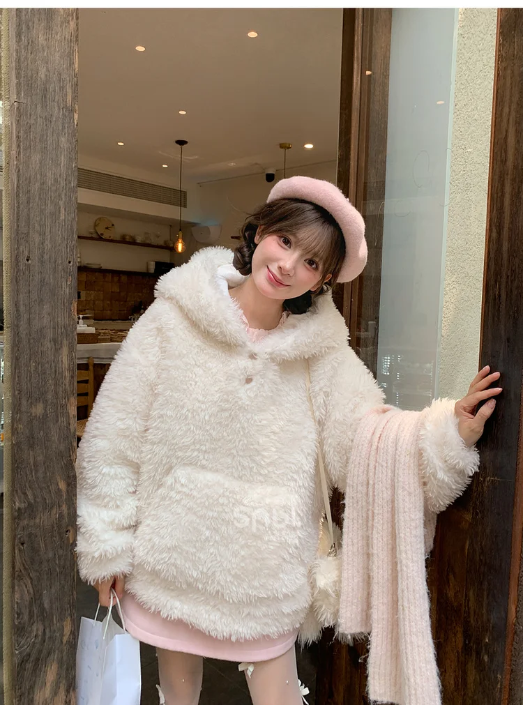Japonés 2025 invierno Navidad Kawaii perro sudaderas con capucha mujeres suelta Casual grueso felpa caliente dulce chica sudaderas con capucha chaquetas