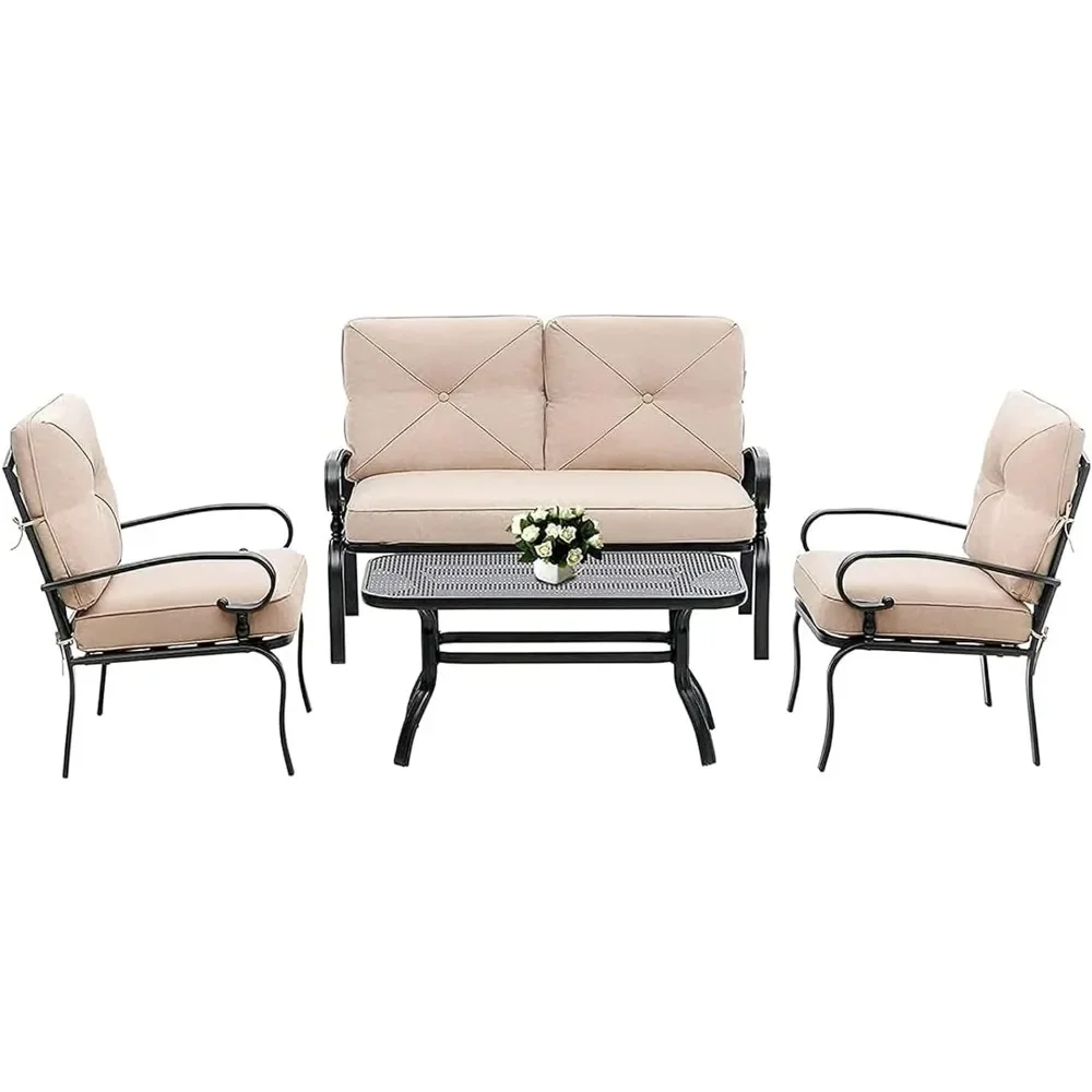 4 Piece Outdoor Metal Furniture Patio Conversation Set Wrought Iron Two-Seat Sofa, 2 Single Chairs, Coffee Table with Cushions