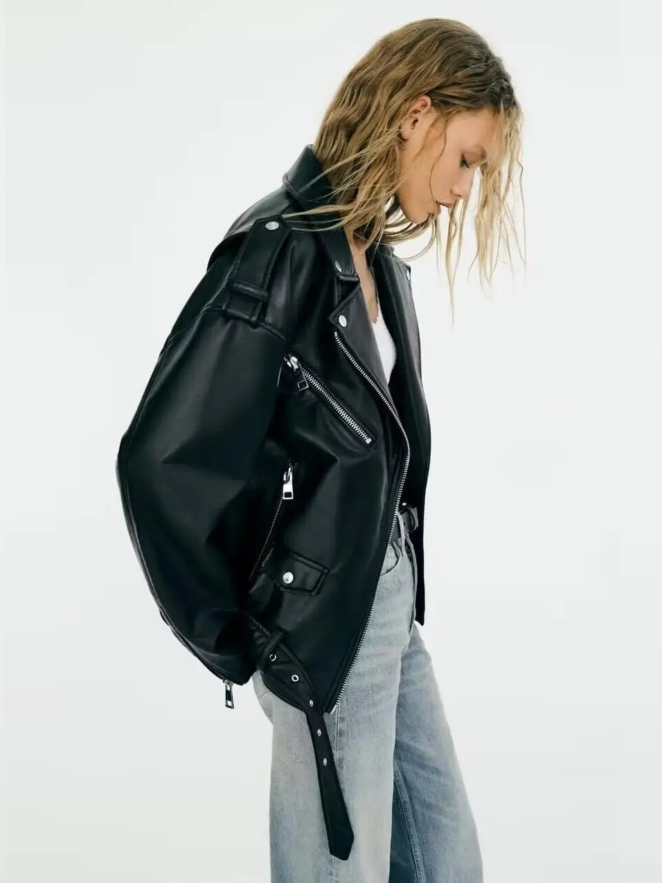 Faionable Bla cuero Jaet mujer suelta motocicleta Sle prendas de vestir exteriores Otoño Invierno nueva llegada Material PU largo Sve