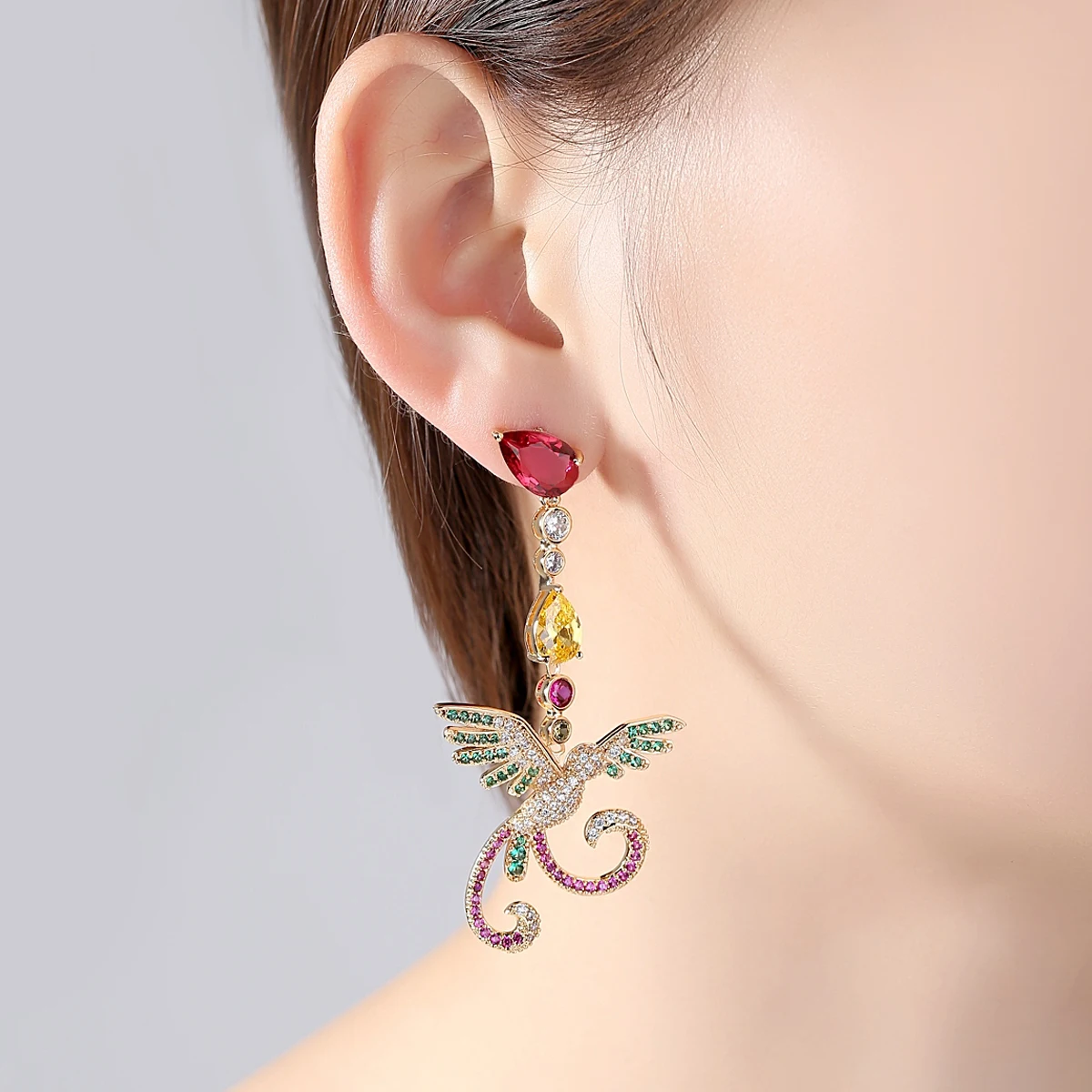 LUOTEEMI Asymmetric Luxury Designer Phoenix Drop Dangle Earring for Women Gift pendientes mujer Vintage Rainbow Bird Accessories