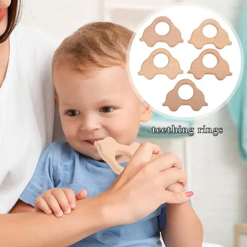 Wooden Teether Toy 5Pcs Teether Chew Toy Car Teething Rings Soothing Teether Sensory Toy Molar Teether Toy for Kids Teething