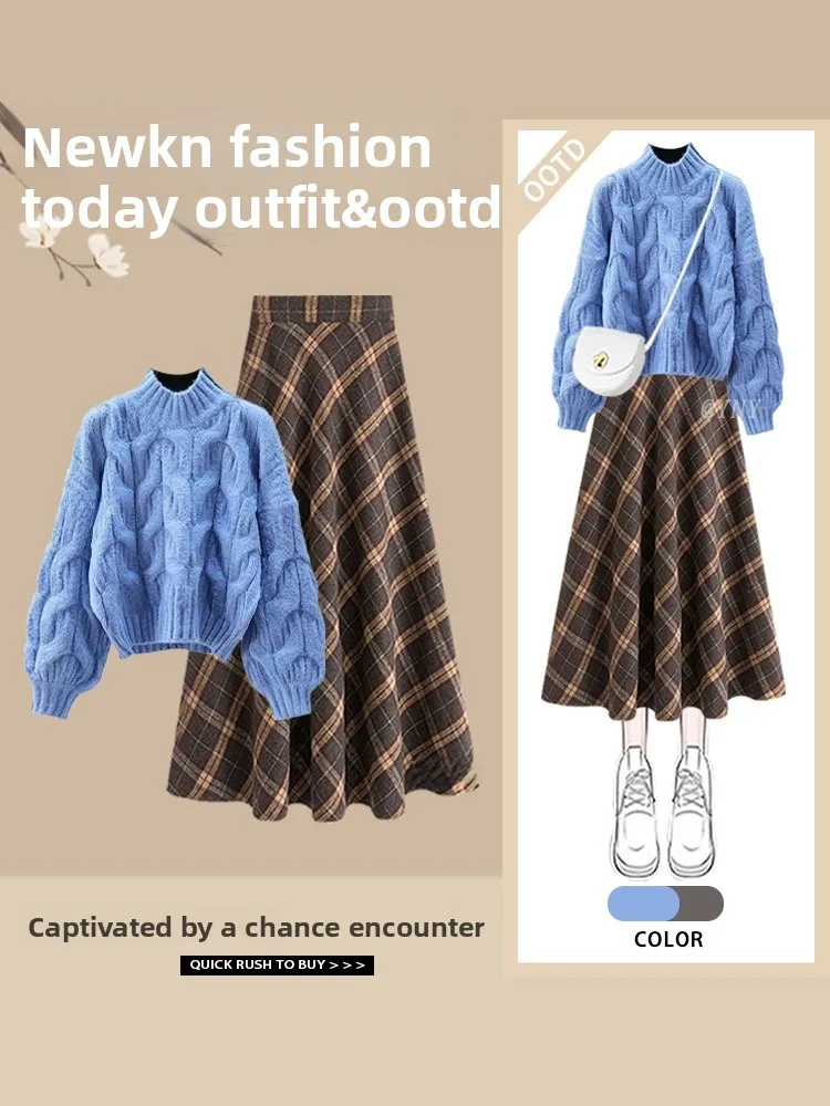 Roter Strickpullover mit hoher Taille und Rock, zweiteiliges Set für Neujahr, Festival, Herbst-Winter-Saison, lässig, vielseitig, Damen-C...