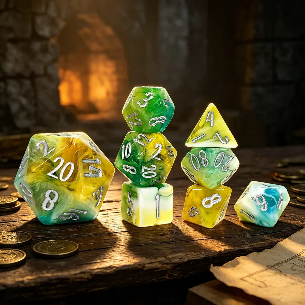 8PCS Resin Polyhedral Dice Set Green Yellow Color DND RPG Dice For Dungeons & Dragons MTG Tabletop Role‑Playing Board Game Games