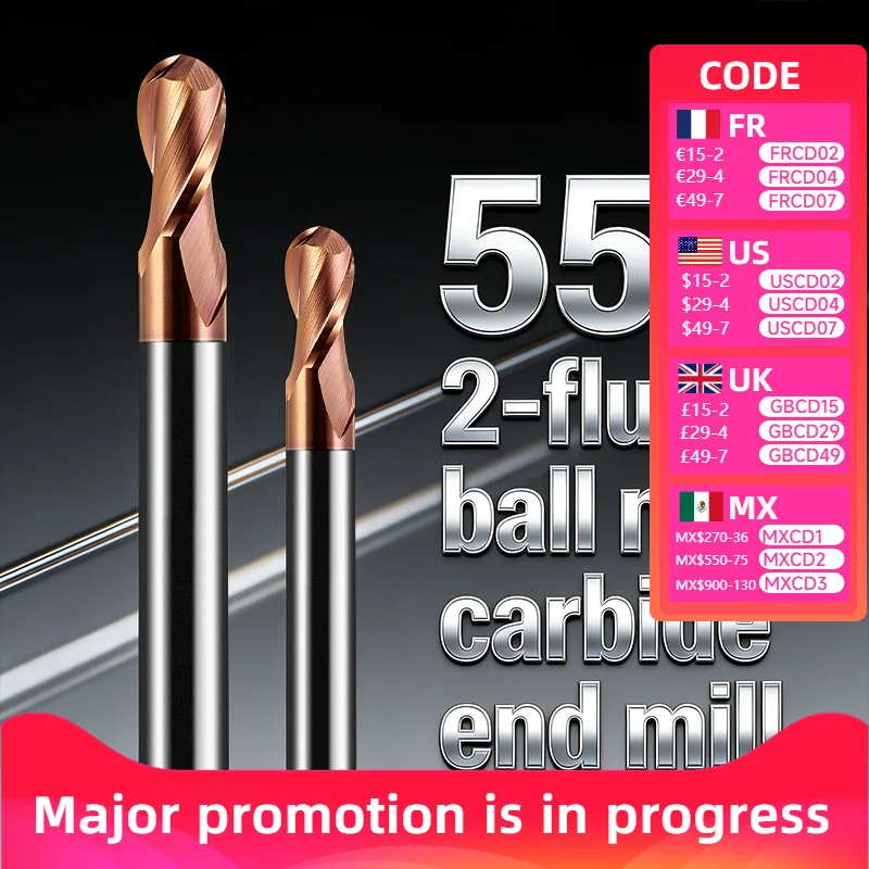 

HRC55 2-Flute Ball Nose Milling Cutter 0.5-4mm Extended Carbide Tungsten CNC Tool