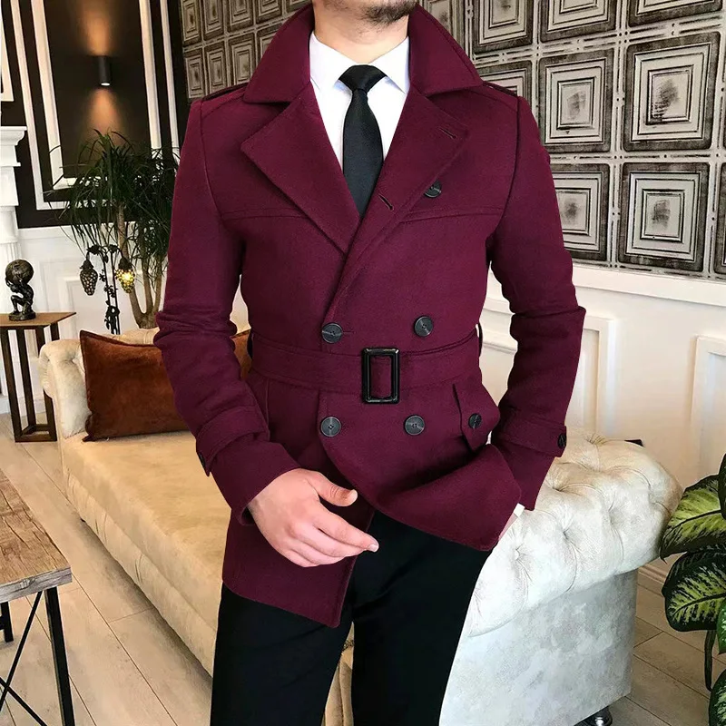 Autumn Winter Men's Double Breasted Woolen Overcoat High Quality Male Laple Belt Solid Thick Trench Coat Trend Causal Outerwear