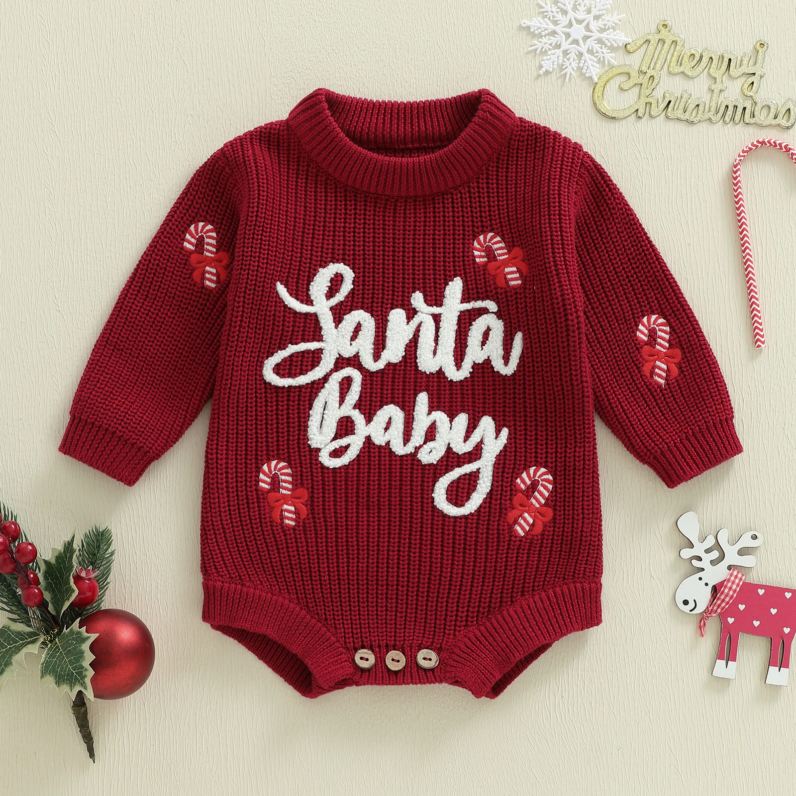 

Toddler Christmas with Reindeer Print Round Neck Long Sleeve Knit Romper Jumpsuit Festive Holiday Outfit