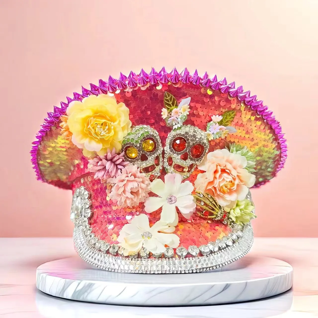 ホンルアン イエローレーザーレザーループキャプテンハット ラインストーン＆ミリタリーキャップ 女性用、レイブフェスティバルアクセサリー＆パーティーキャップ男性用