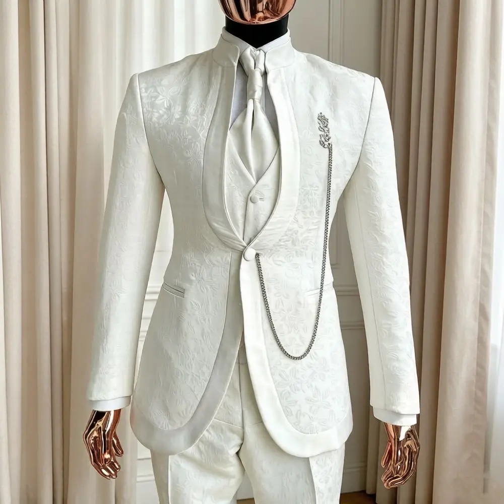 

Mens Jacquard Floral Suits 3 Pieces with Stand Collar Wedding Tuxedo Luxury Formal Groom Prom Party Celebration Dinner Gala Wear