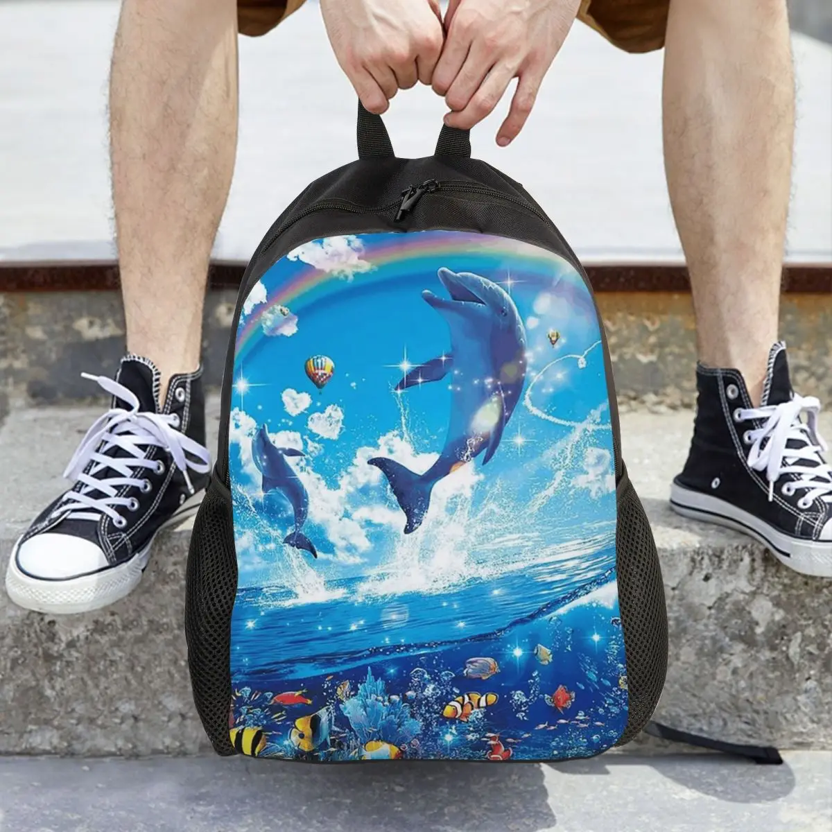 Symphony Dolphins Frutiger Aero Backpack Daypack Large Capacity Children BookBag School Bag Shoulder Bags for Men Women