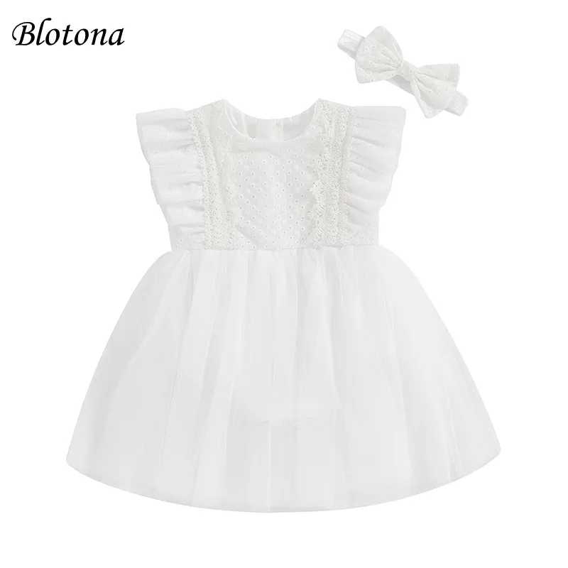 

Blotona Infant Girl Summer Jumpsuit Ruffle Flying Sleeve Round Neck Tulle Skirt Hem Lace Romper Dress with Headband 3-24Months