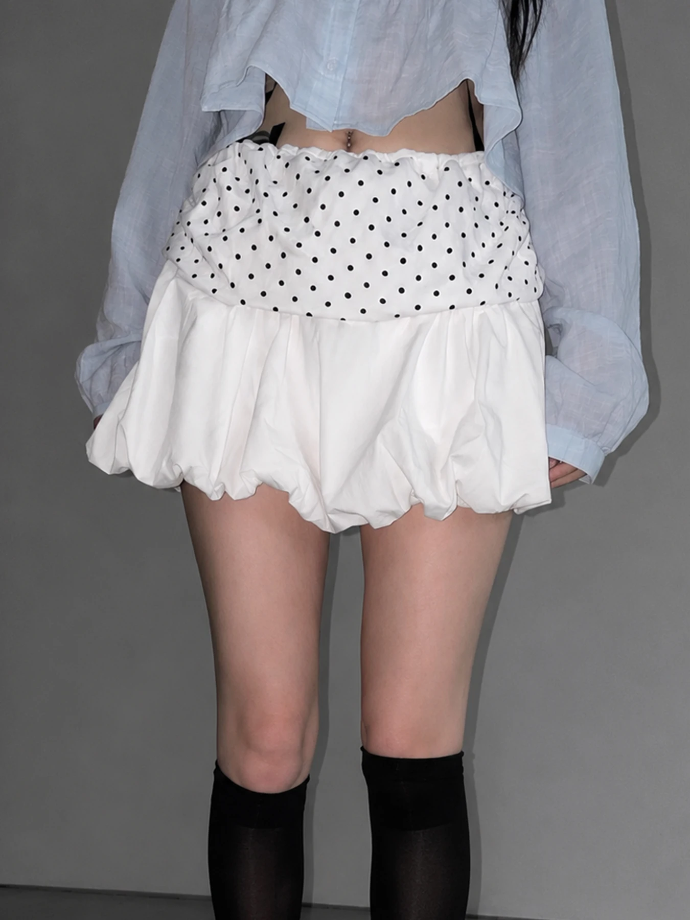 White Bubble Mini Skirt With Black Polka Dot Fold Over Waist Low Rise Puffy Skort For Women
