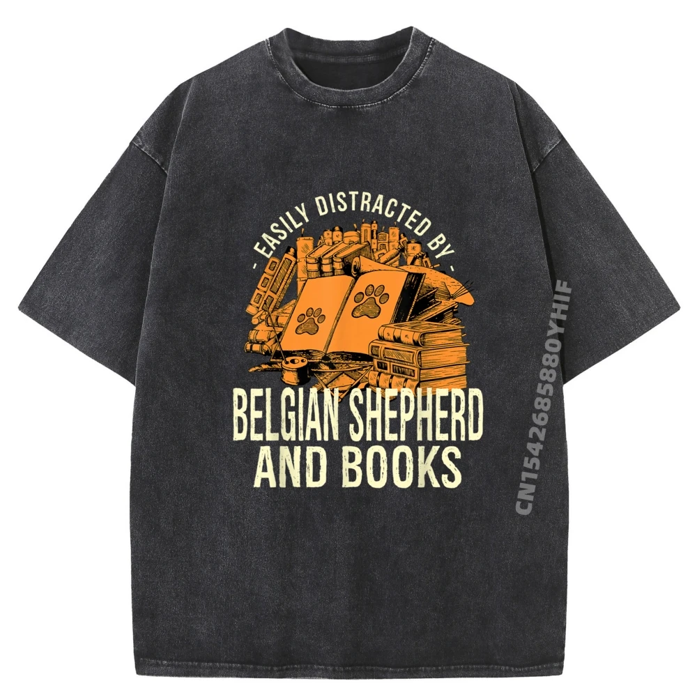

Easily Distracted By Belgian Shepherd And Books Malinois Men Clothing Printed T Shirt Men Washed Tops T Shirt