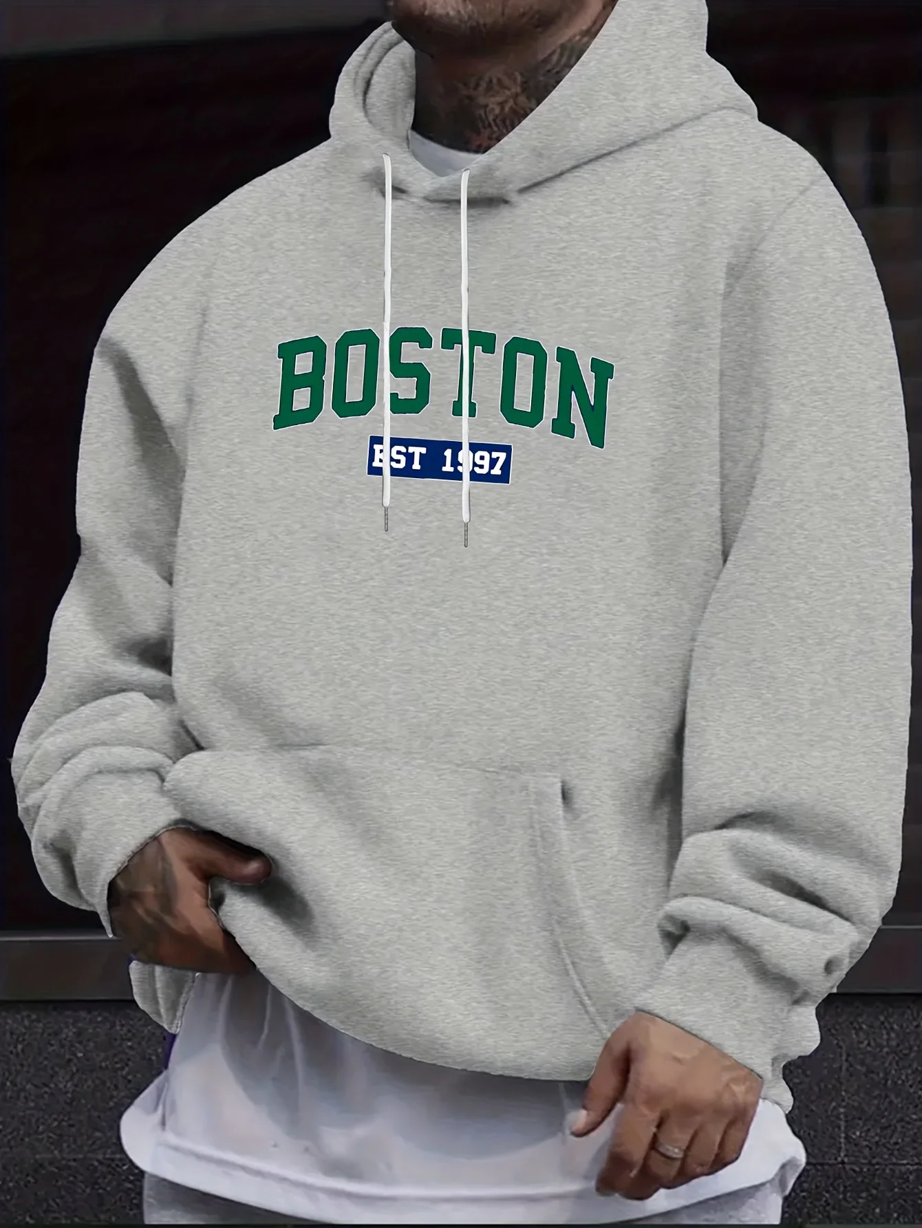 Herren-Hoodie mit Boston EST 1997 Schriftzug, Vintage College-Stil, locker geschnittener, übergroßer, lässiger Streetwear-Pullover – Detail 1