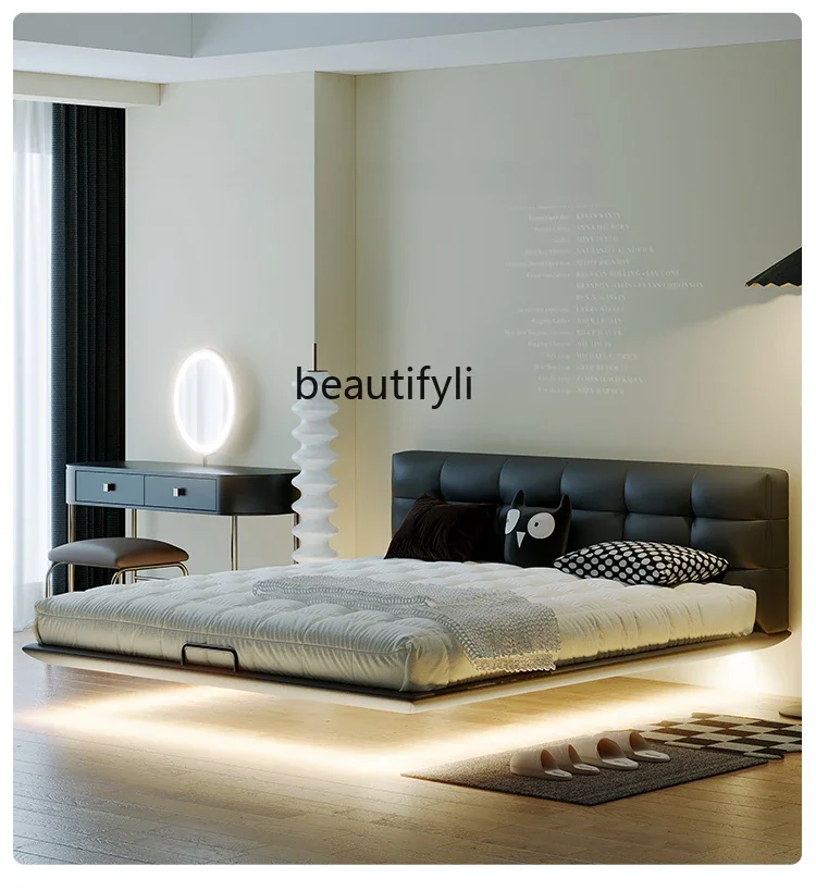 Air Suspension Bed Italian-Style Light Luxury Induction Lamp Solid Wood Double Bed Modern Minimalist 1.8 M Leather Bed
