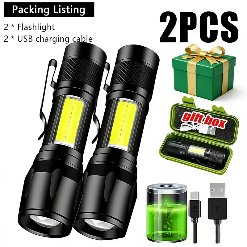 Mini LED Flashlight COB+XPE Portable Torch USB Charging Camping Lantern Zoomable Focus Light Tactical Flashlight with Pen Clip