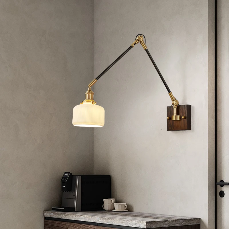 2026 Retro All Copper Universal Rocker Arm Wiring Bedside Wall Lamp Restaurant Light Creative Walnut Background Wall Decoration