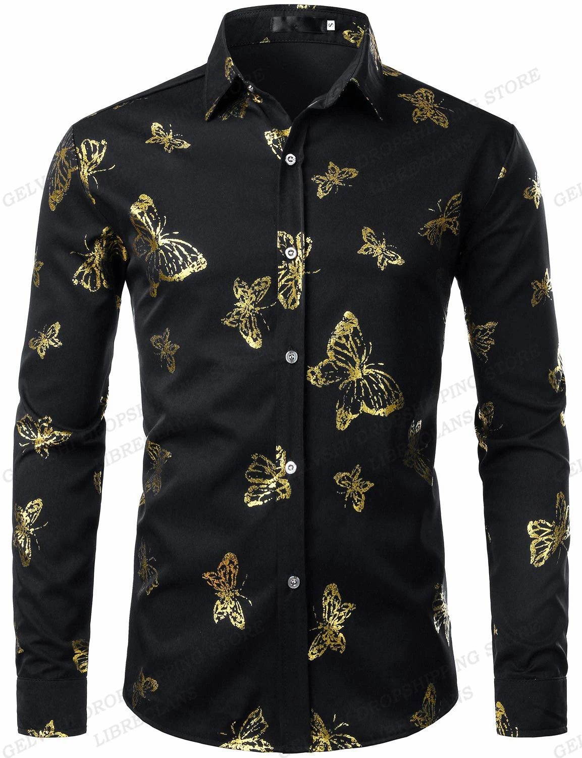 Long Sleeve Hawaiian Shirts Golden Floral Shirts Men Fashion Shirt Casual Beach Blouse Bussiness Camisa Men\'s Clothing Button Up