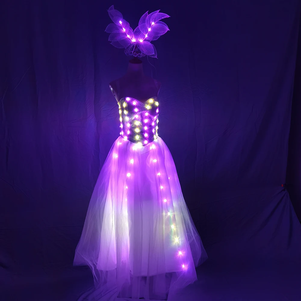 Full Color Pixel LED Skirt Dreamy luminous Wedding Dress Wings Bodysuit Women Singer Stage Costume Party Show Dancer Performance