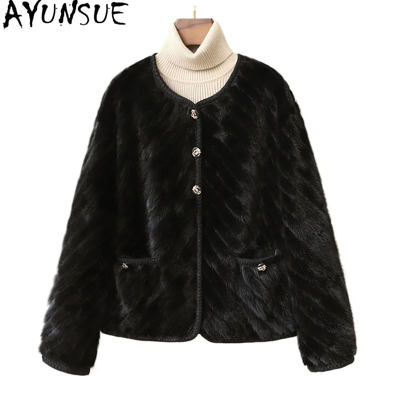 

Шуба из натурального меха норки AYUSNUE, женская, теплая зимняя одежда, черная, с лоскутным дизайном, длинный рукав, новинка среди женских шуб