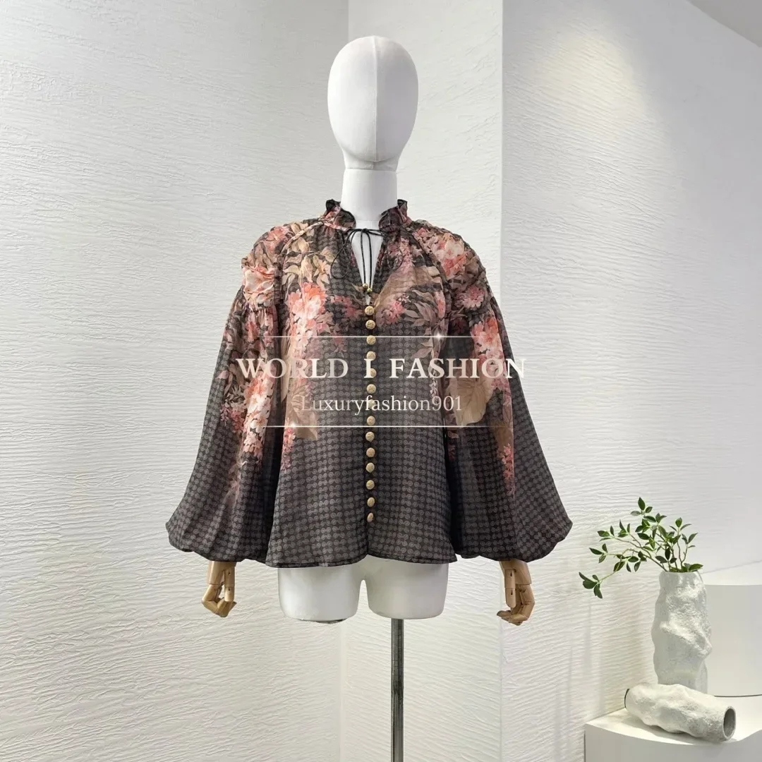 

High Quality Black Red Floral Print Long Sleeve Pleat Blouse Tops and Skirt Set