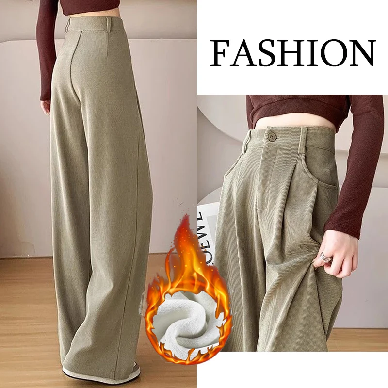 Pantaloni termici a vita alta moda coreana per ragazze invernali Pantaloni a gamba dritta in peluche da donna Pantaloni in pile caldi quotidiani da neve femminile