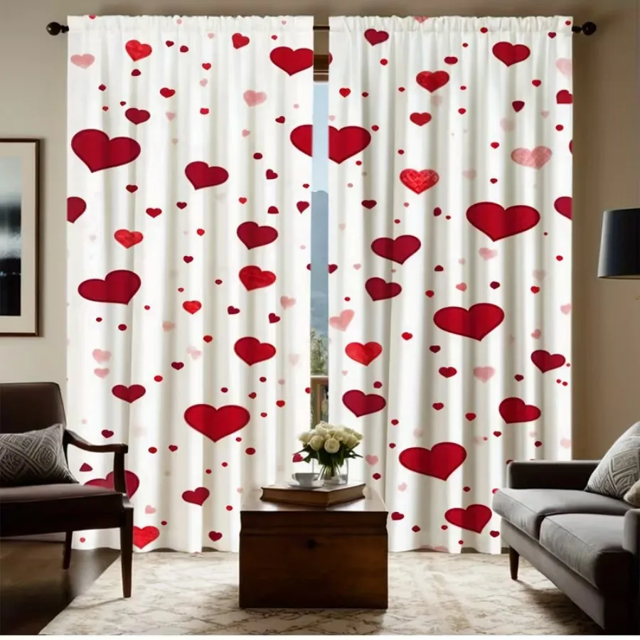 2 PCS Romantic Heart Curtains, Valentine Day Style Window Drapes for Living Room Bedroom Home Decor Polyester Rod Pocket Design