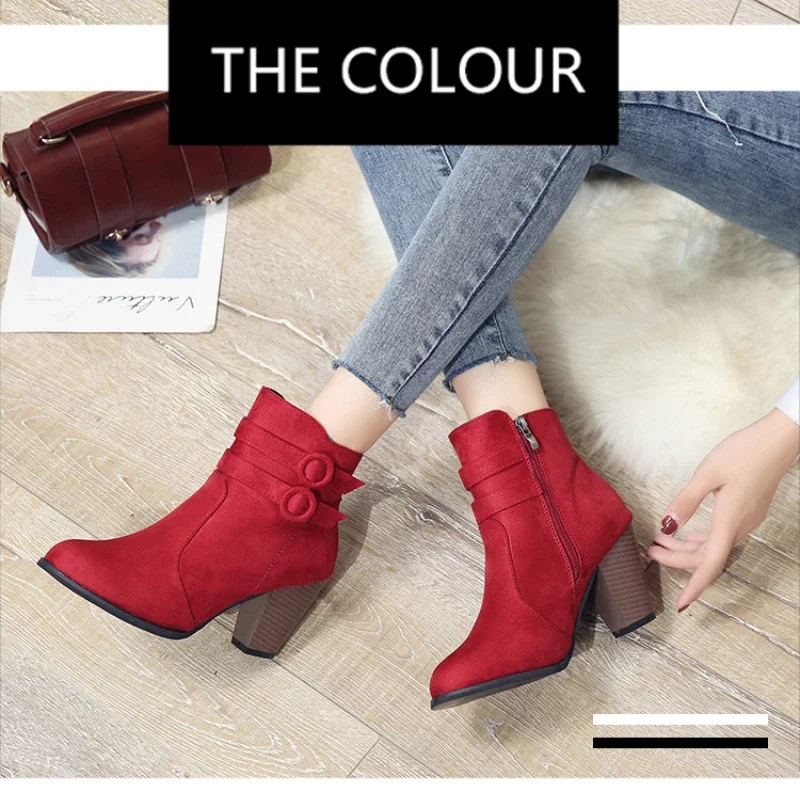 Retro Boots Women\'s Shoes 2024 New Square Heel Woman High Shoe Rubber Ankle Female Solid Platform Short Boots Zapatillas Mujer