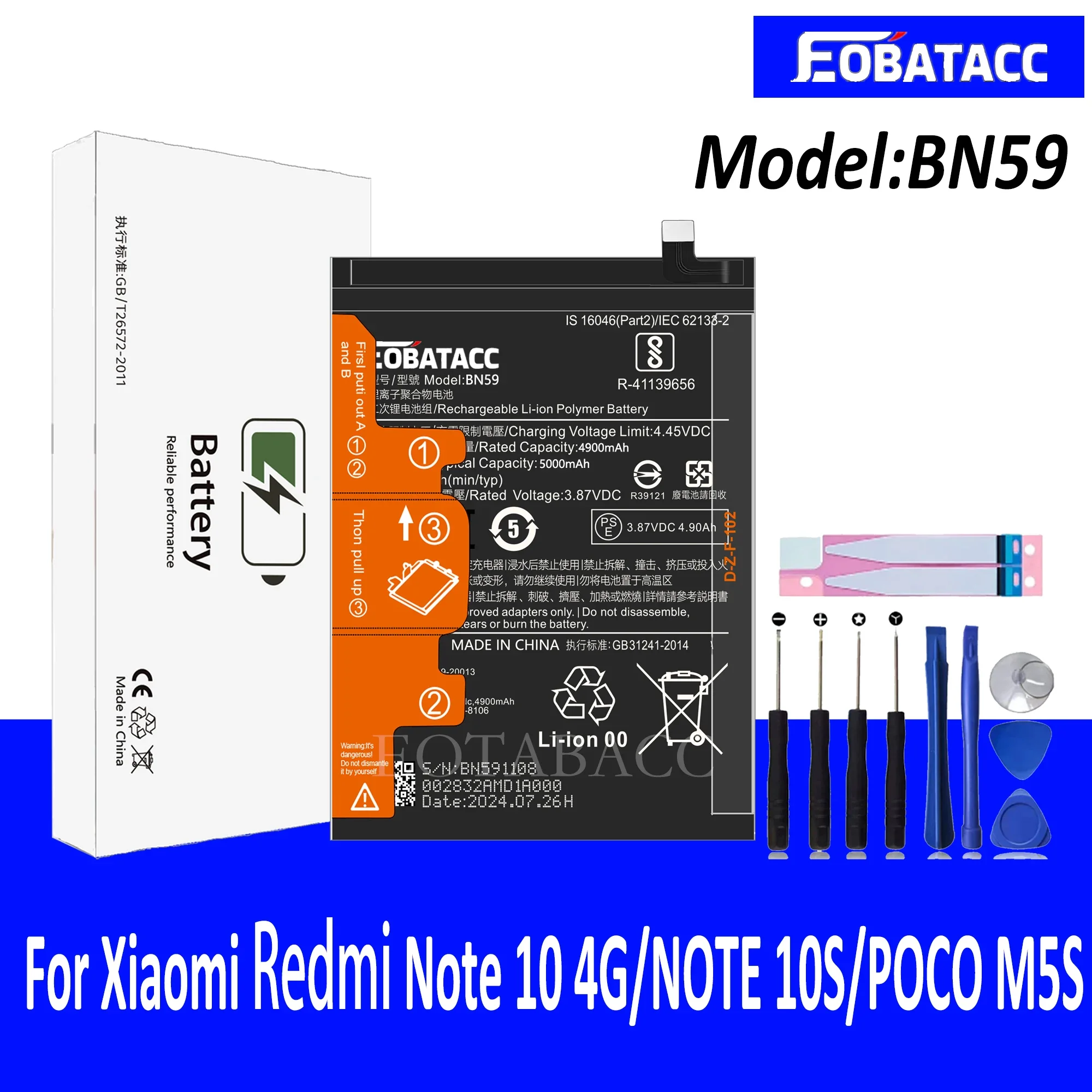 EOTABACC 100% New Original Battery BN59 For XIAOMI Note 10 4G/NOTE 10S/POCO M5S Battery +Tools