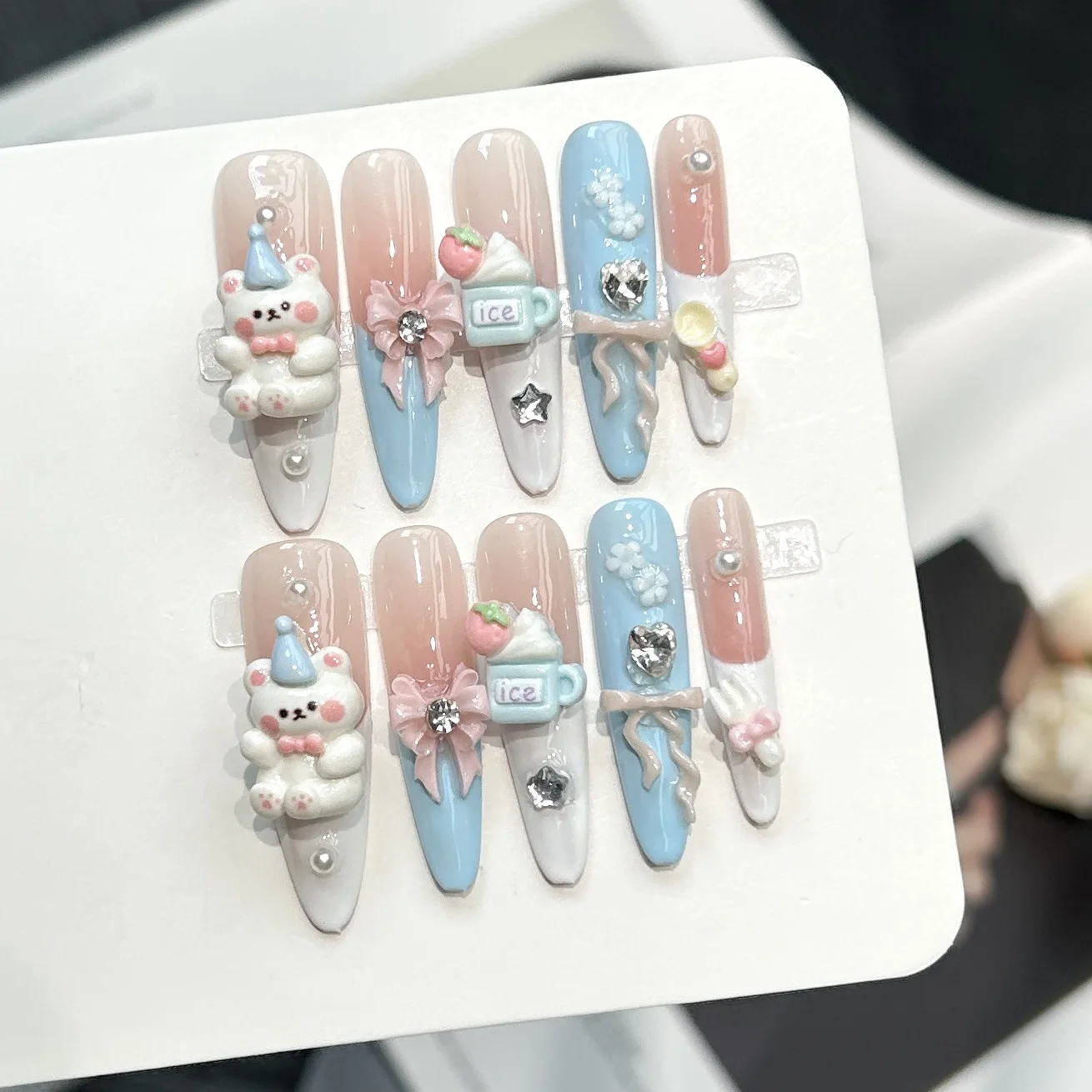 10pcs Handmade Cartoon Bear False Nails Cute 3D Pink Bows Ice-cream Decor Press On Nails Long Almond Blue French Style Fake Nail