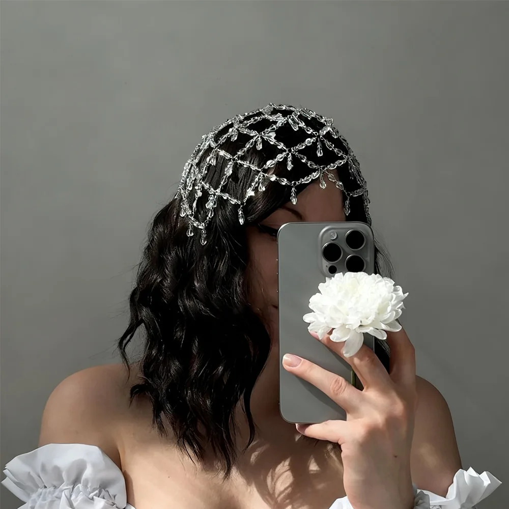 

Hot Selling Cross border Tassel Grid Hair Chain High end Ins Style Minimalist Beaded Headpiece Niche Bridal Wedding Hair Jewelry