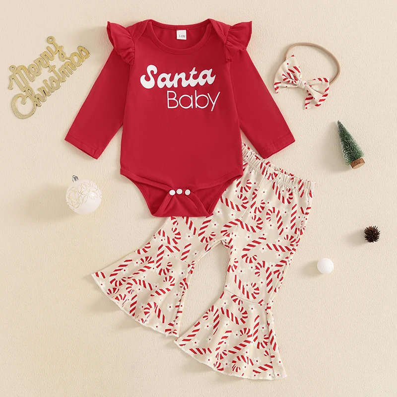 

0-18M Baby Girls Christmas Pants Sets Long Sleeve Letter Print Romper Flared Pants Headband Sets