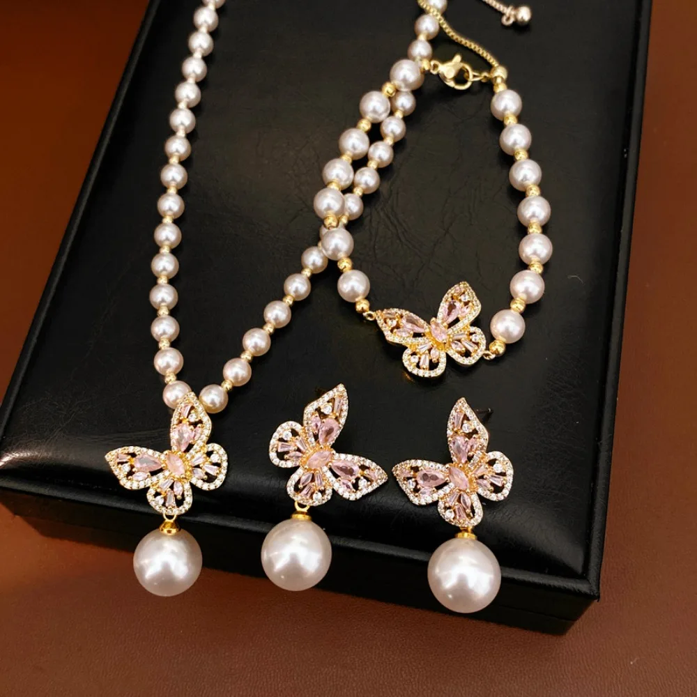 Exquisite Romantic Inlaid Zircon Butterfly Imitation Pearl Necklace Earrings Bracelet for Women Bride Wedding Stack Jewelry Sets