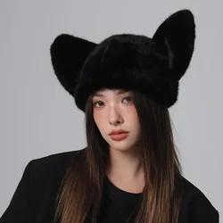 New Cat Ears Pullover Hat Women Autumn Winter Warm Cartoon Sweet Imitation Mink Melon Fur Bonnet Personalized Simple Beanie Hats