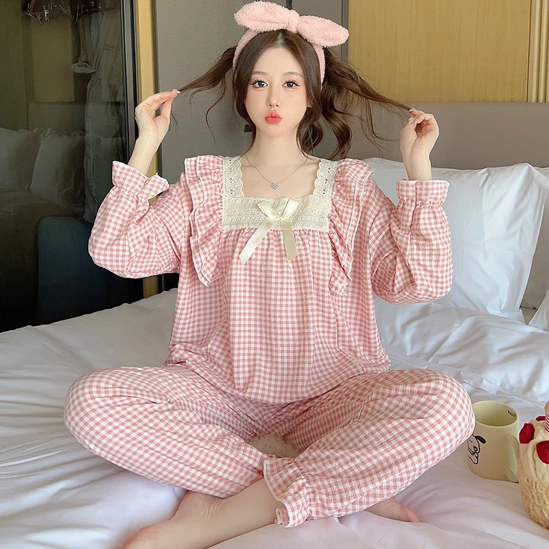 Plus Size Pajama Mujer Cherry Print Sleepwear Set Long Sleeve Top+Pants Ruffle Homewear Skin-Friendly Breathable