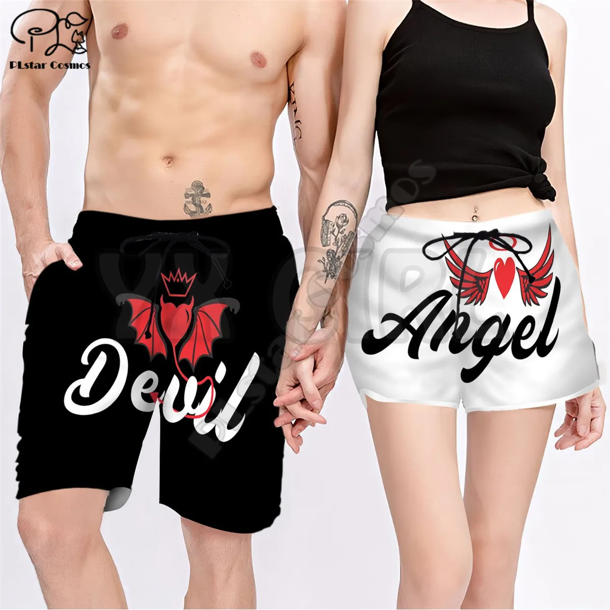 ANGEL AND DEVIL 3D All Over Printed Couple Matching Men's Women's Shorts Quick Drying Beach Shorts Summer Beach Swim Trunks