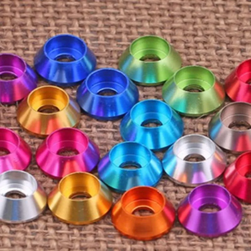 10-50 قطعة/الوحدة الألومنيوم غطاء مخروطي غسالة m2 m2.5 M3 M4 M5 M6 M8 Corlorful سبائك الألومنيوم غطاء رئيس طوقا غسالة لقطع RC #2