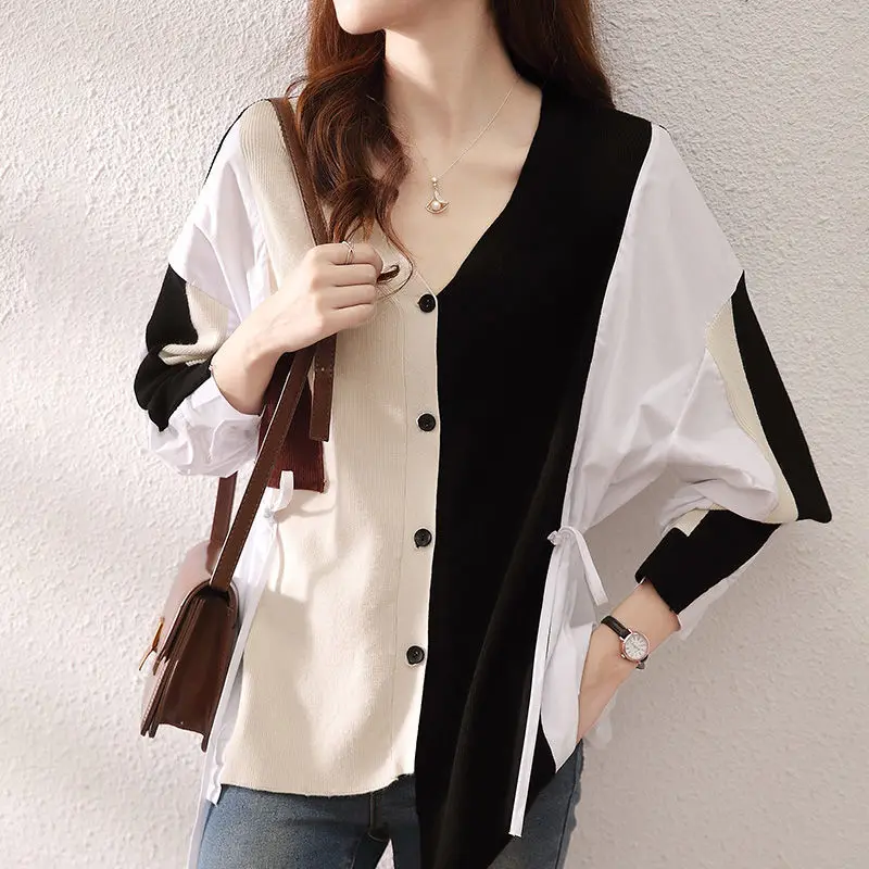 Spring 2024 New Commute Women\'s Color-blocked V-neck Drawstring Spliced Pocket Button Long Sleeved Shirts Cardigan Knitted Tops